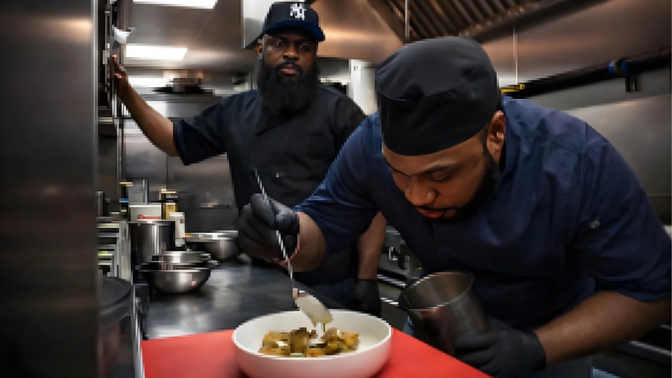 Chefs putting together food in the kitchen