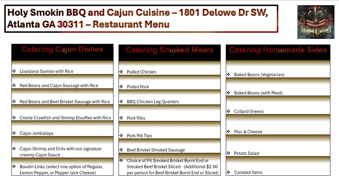 Cajun catering menu featuring gumbo, jambalaya, and smoked meats
