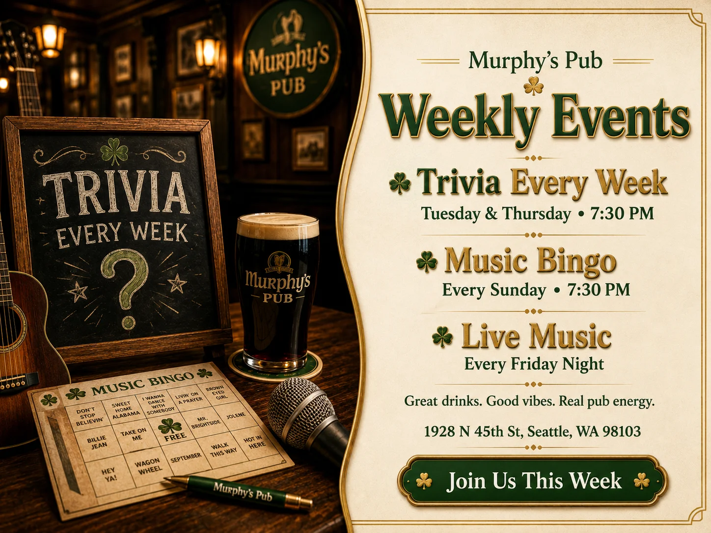 Weekly events at Murphy's Pub featuring trivia and live music