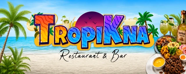 A vibrant logo for Tropikna Restaurant & Bar set against a beach background, featuring palm trees, a sunset, and various tropical drinks and dishes.