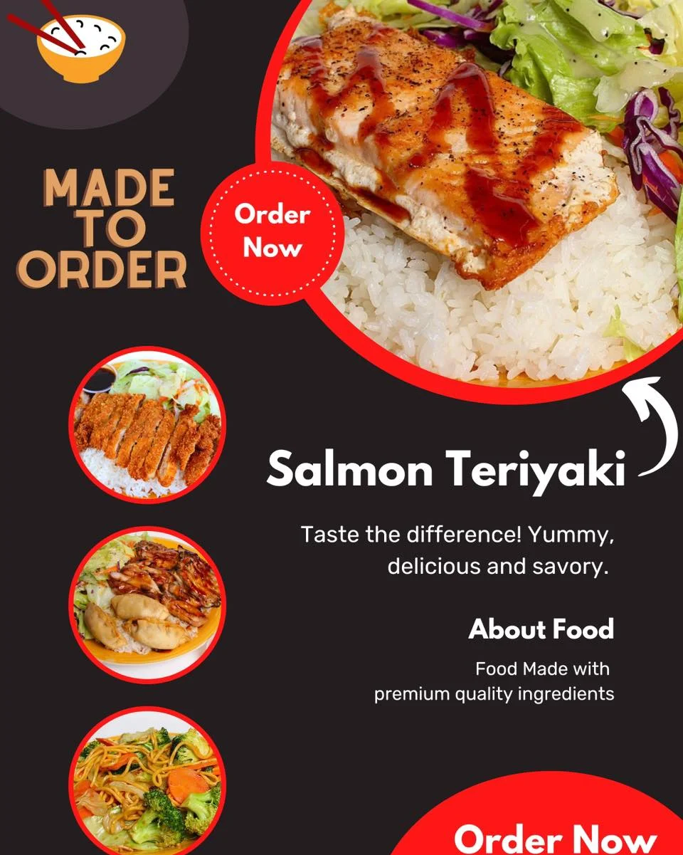 An advertisement for Salmon Teriyaki, featuring an image of salmon on rice with vegetables, along with other dishes in round frames.