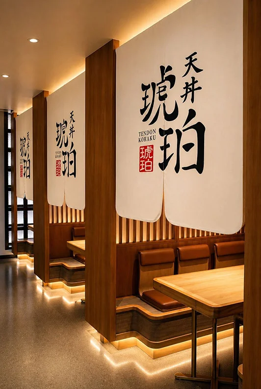 A row of semi-private dining booths at Tendon Kohaku. Large, white fabric curtains with black Japanese branding hang dramatically above wood-paneled booths, creating a rhythmic, modern, and traditional aesthetic under warm ambient lighting.