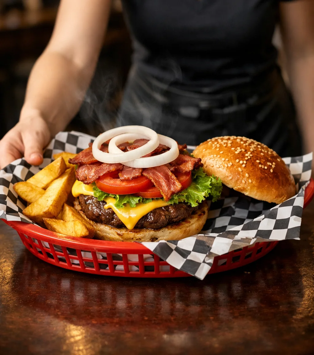 Juicy cheeseburger with bacon and fries served in a diner
