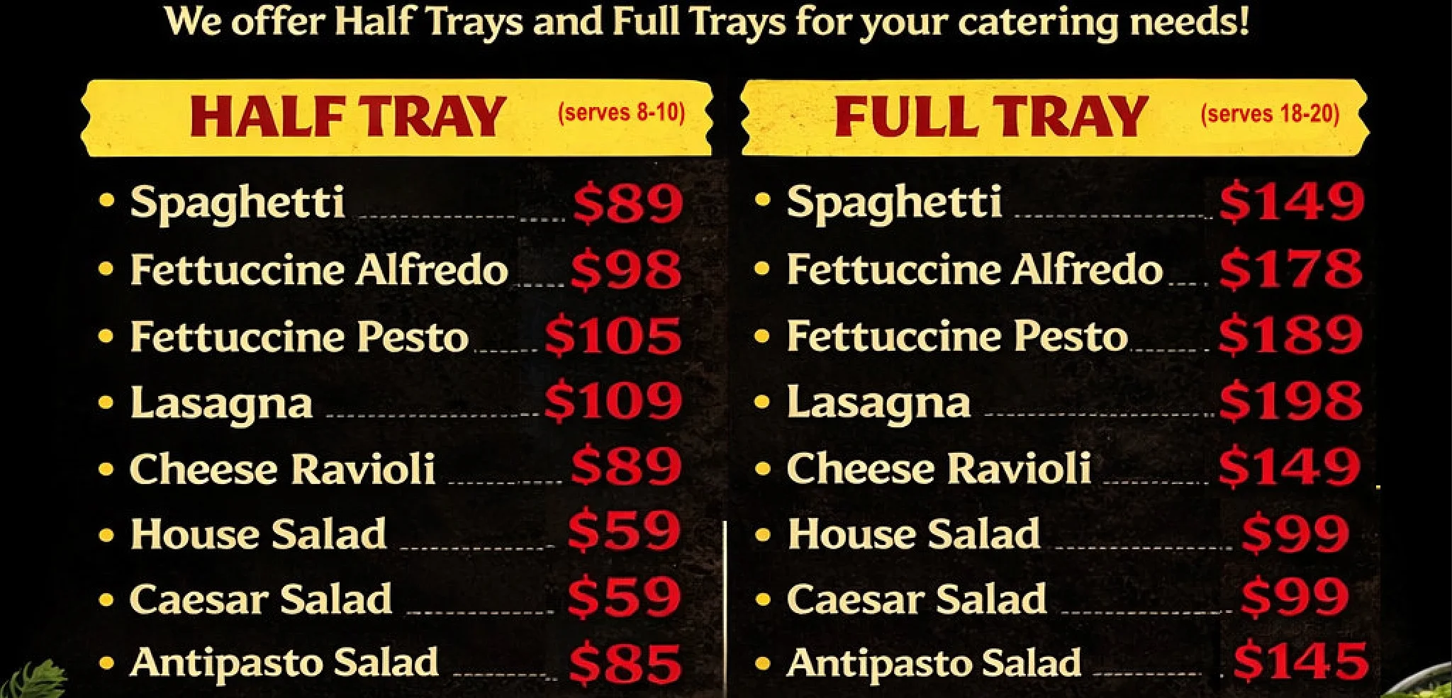 Catering menu featuring Italian pasta dishes and salads