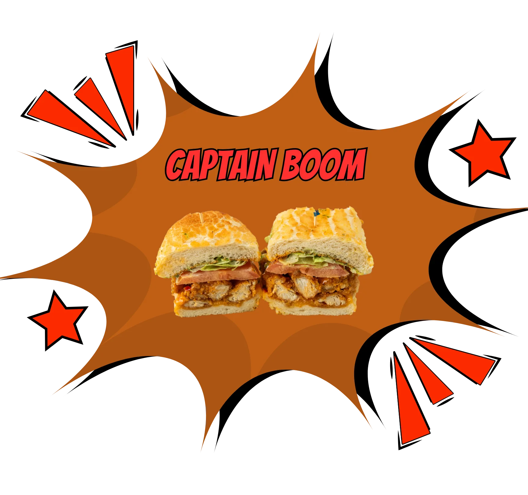 A cross-section of a sandwich with layers of chicken, lettuce, tomatoes, and sauce, set against a vibrant yellow pop-art background.