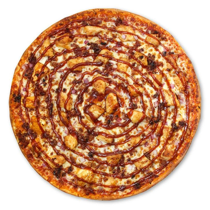 A pizza with a spiral topping of barbecue sauce, chicken, and bits of onion over a cheesy base.