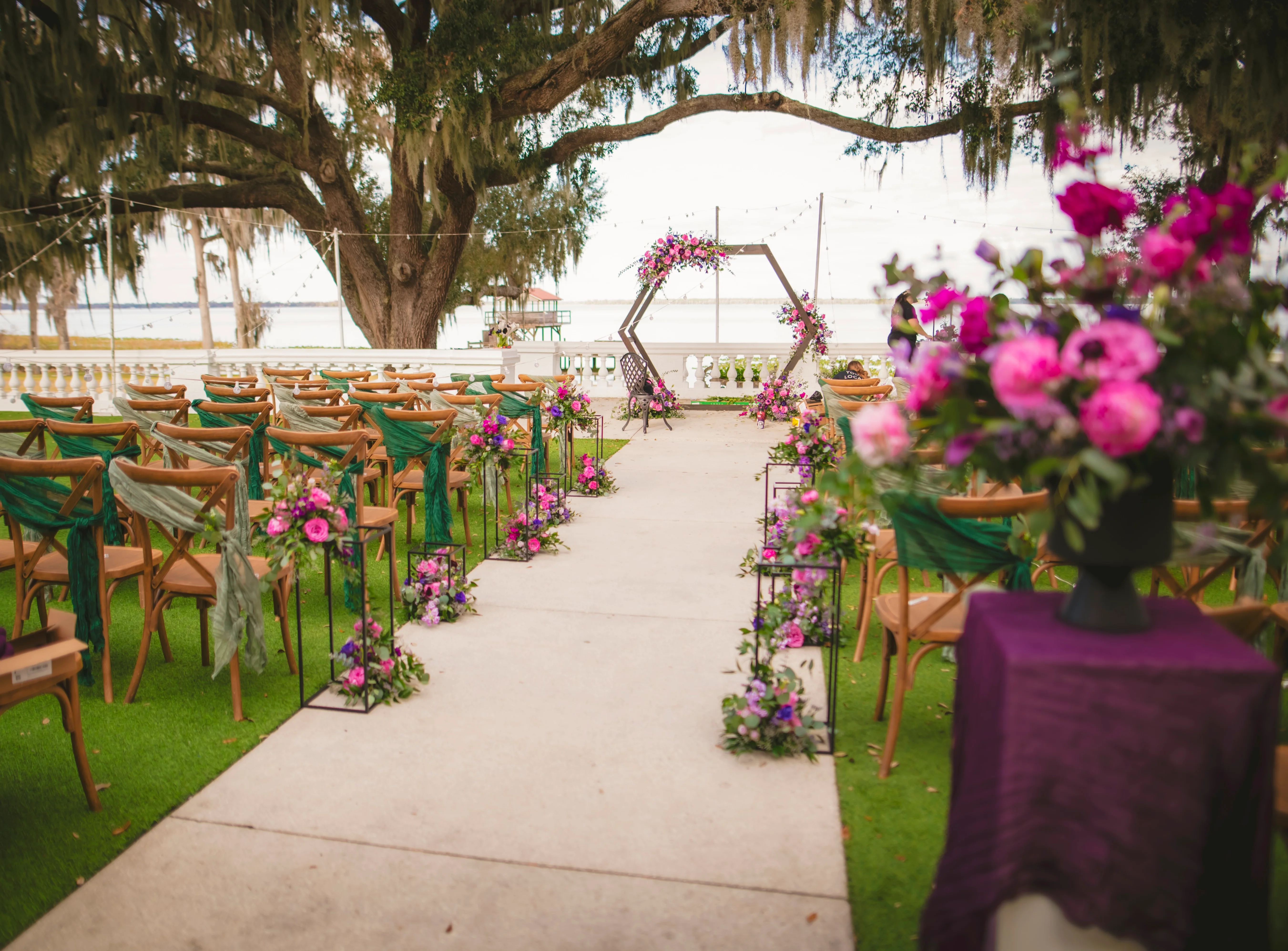 Beautiful outdoor wedding setup with floral decorations