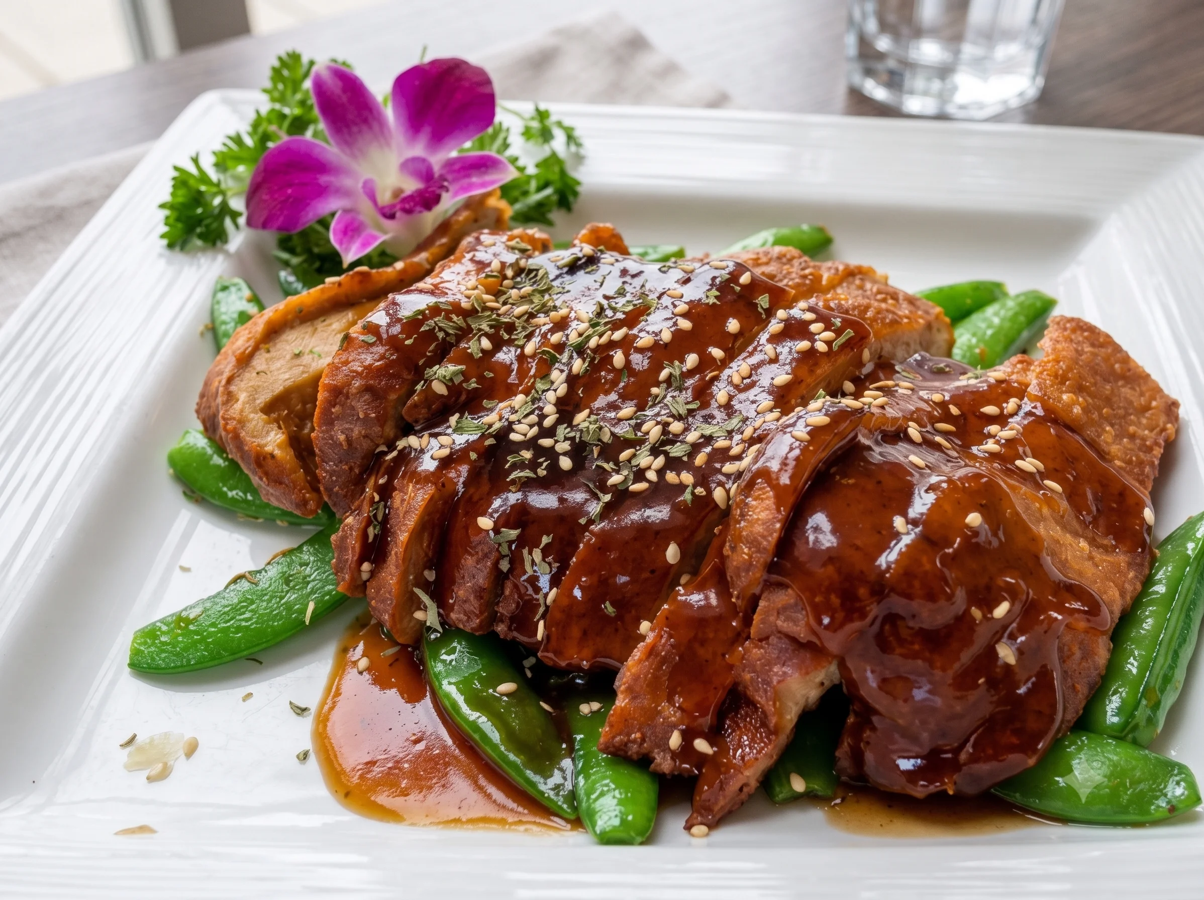 Crispy Peking duck served with snow peas