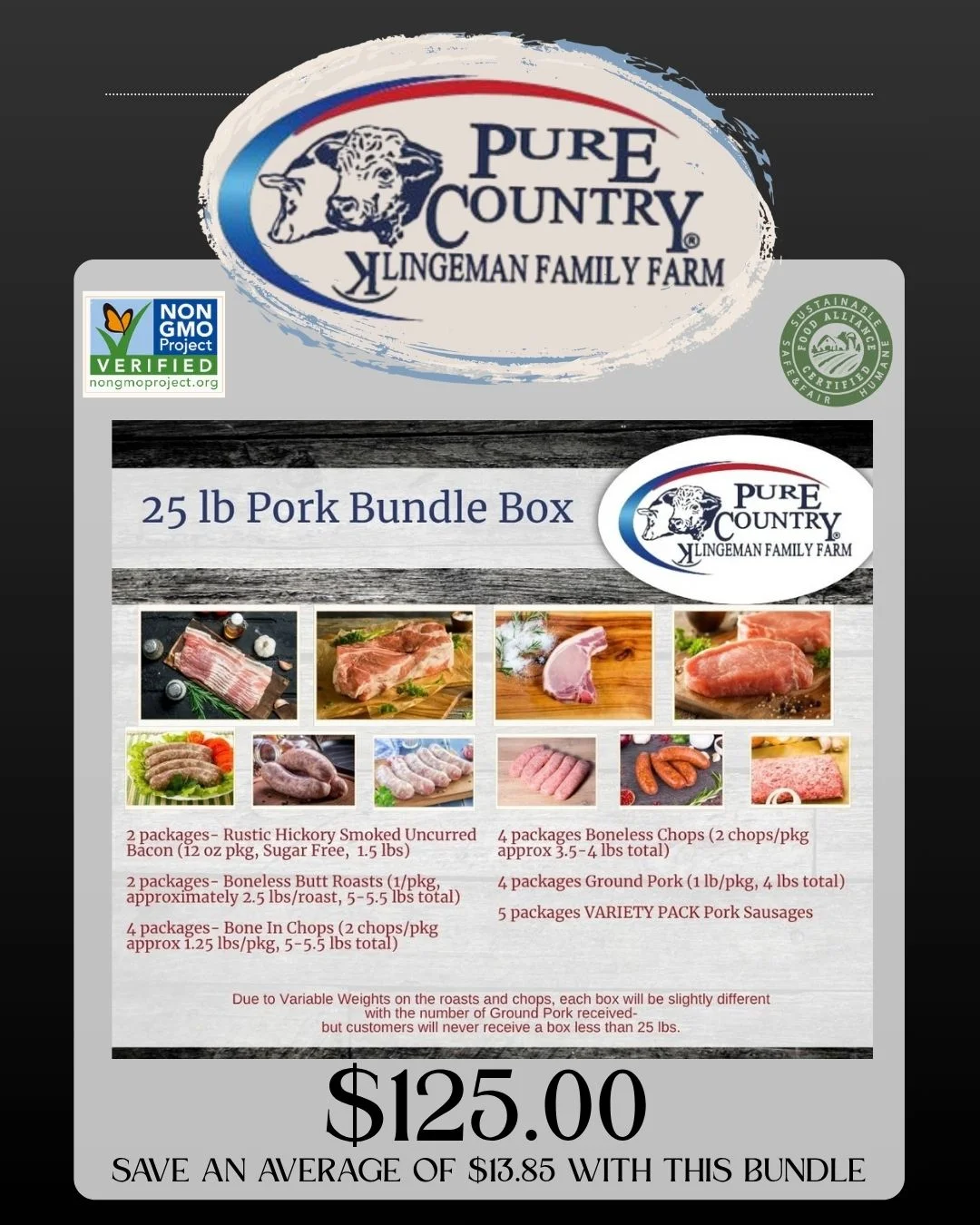 Pork bundle box promotional flyer with assorted pork cuts and sausages