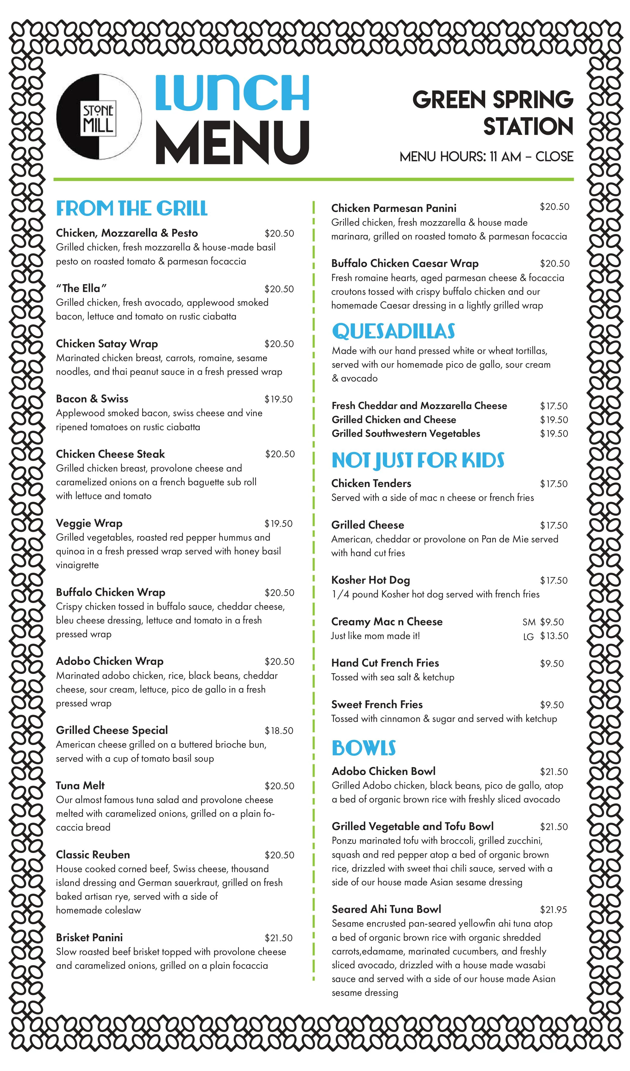 Lunch menu featuring diverse grilled dishes and wraps
