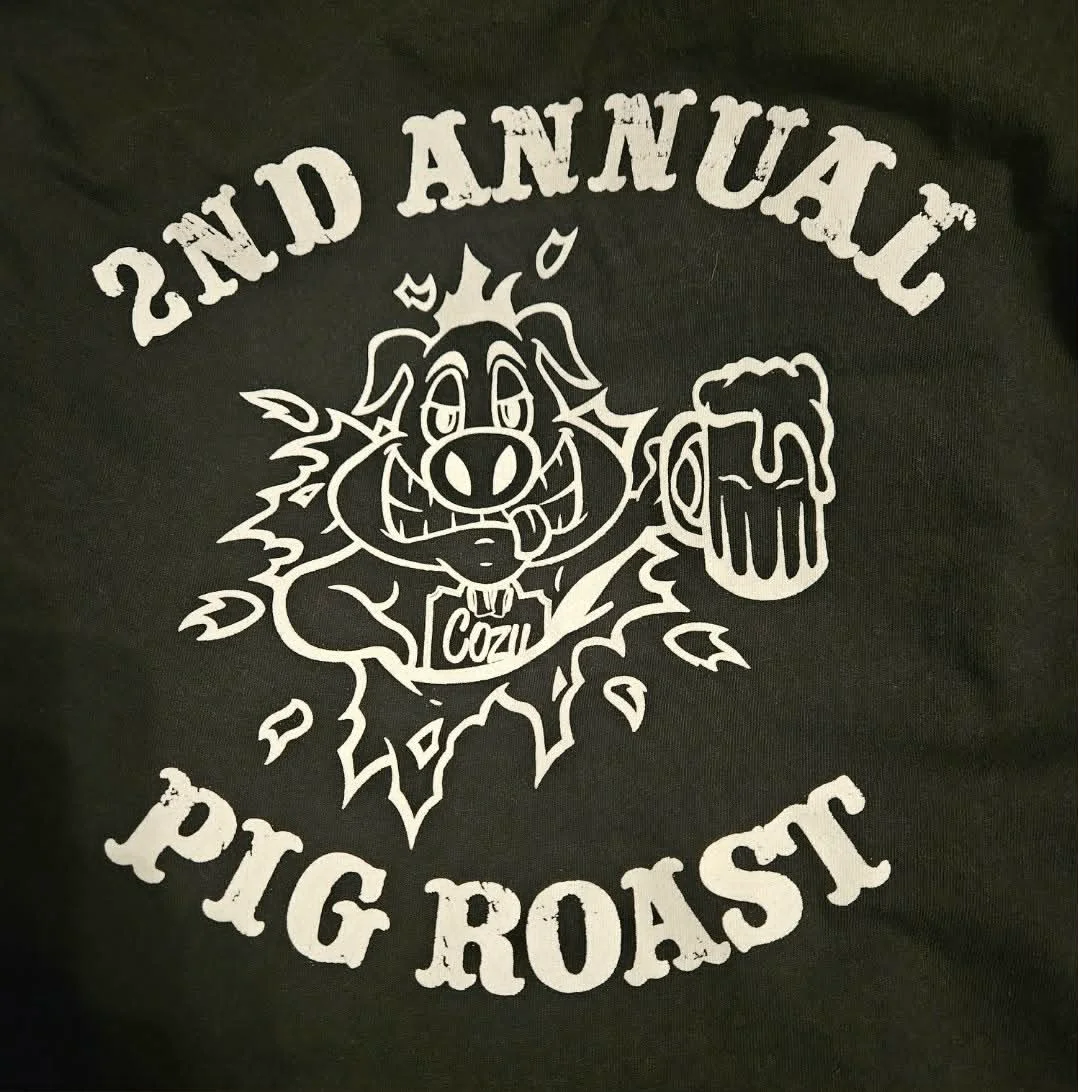 Graphic design for a pig roast event featuring a cartoon pig and beer