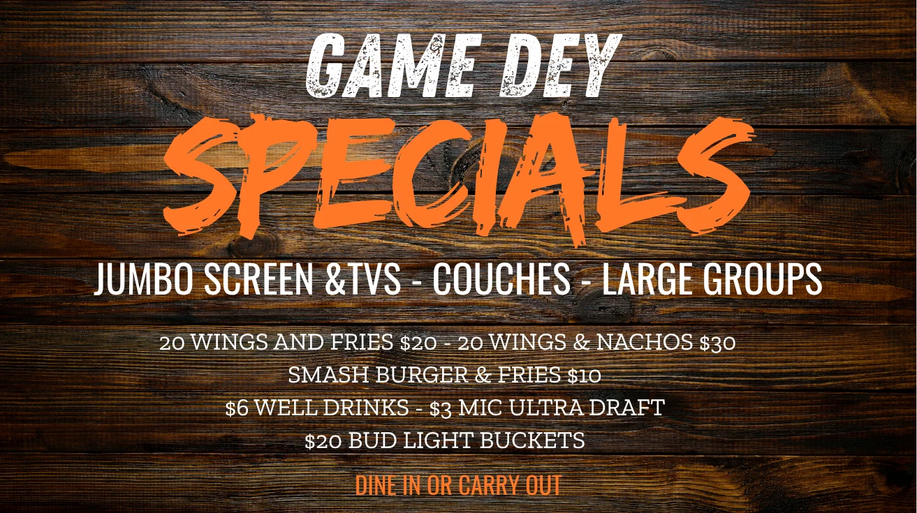 Game day specials at a lively sports bar with large screens