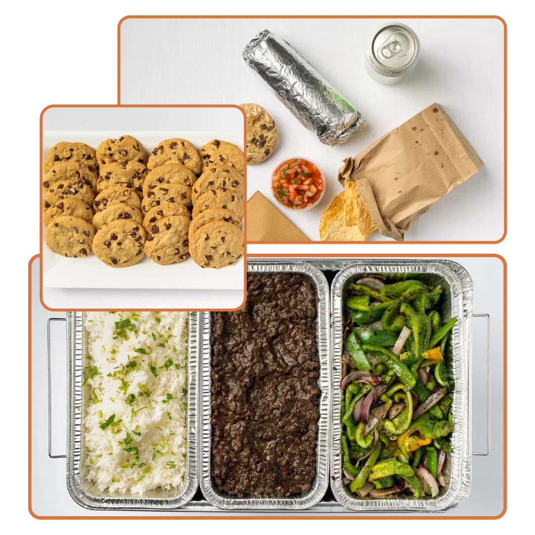An overhead flat lay of a variety of Mexican food items on a white table: a burrito wrapped in foil, two Jarritos sodas (Pineapple and Fruit Punch), a side of tortilla chips, quesadillas, a salad bowl, two different food bowls (one with beans, meat, and cheese, the other a kids' rice bowl), and a white plate with three chocolate chip cookies.