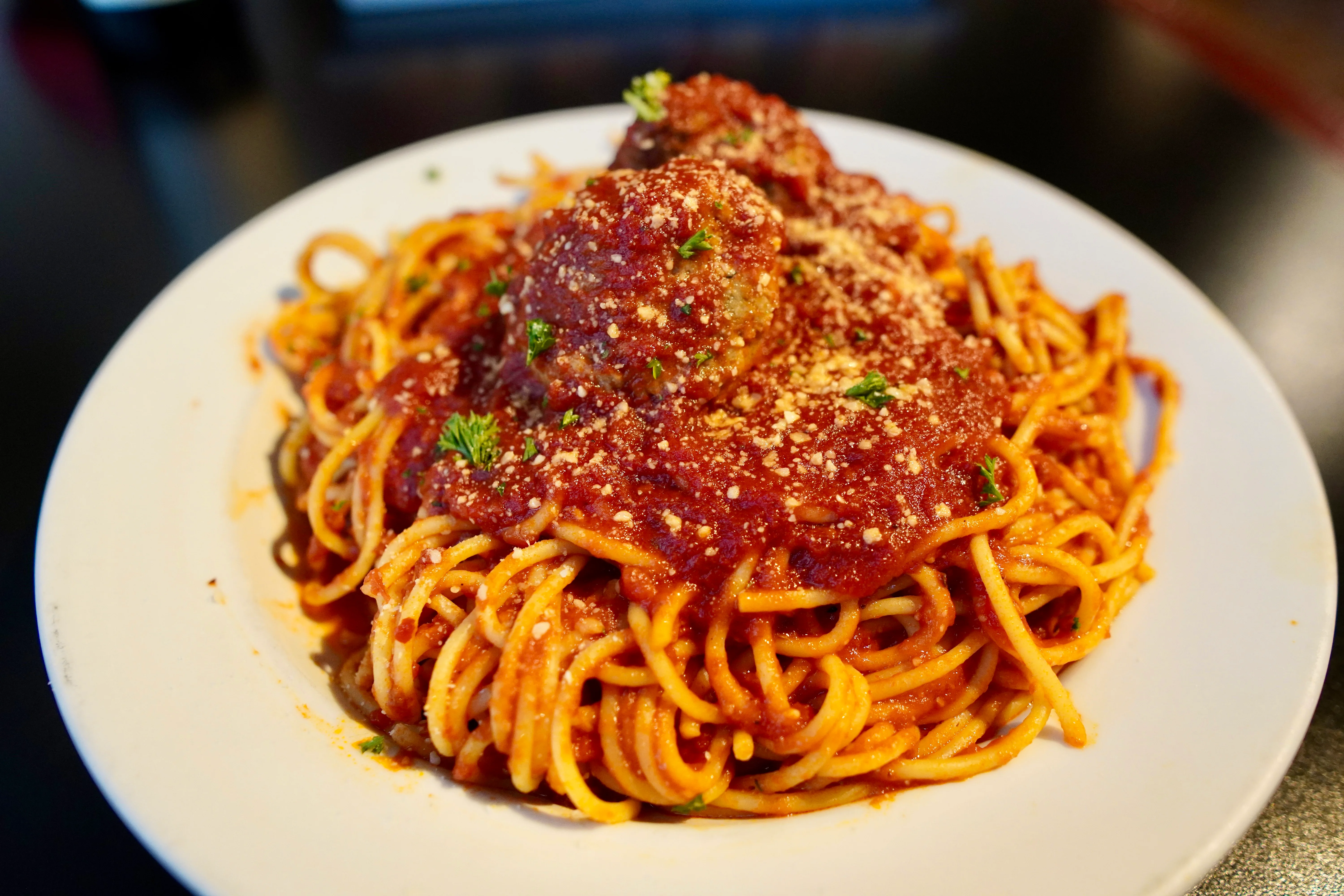 Classic spaghetti and meatballs in marinara sauce