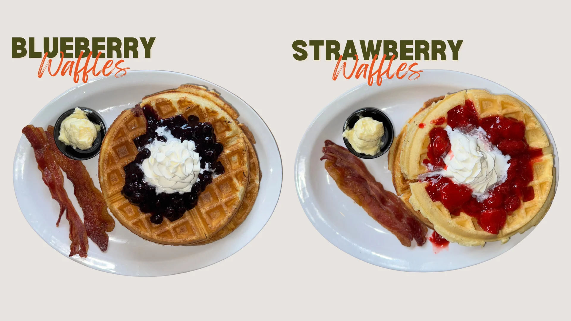 Two plates of waffles: one topped with blueberries and whipped cream, the other with strawberries and whipped cream, both served with bacon.