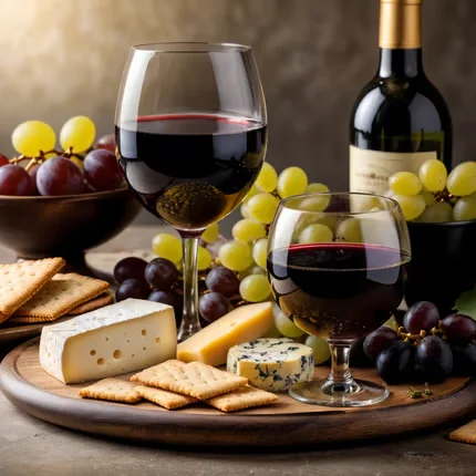 Wine and cheese platter with grapes and crackers