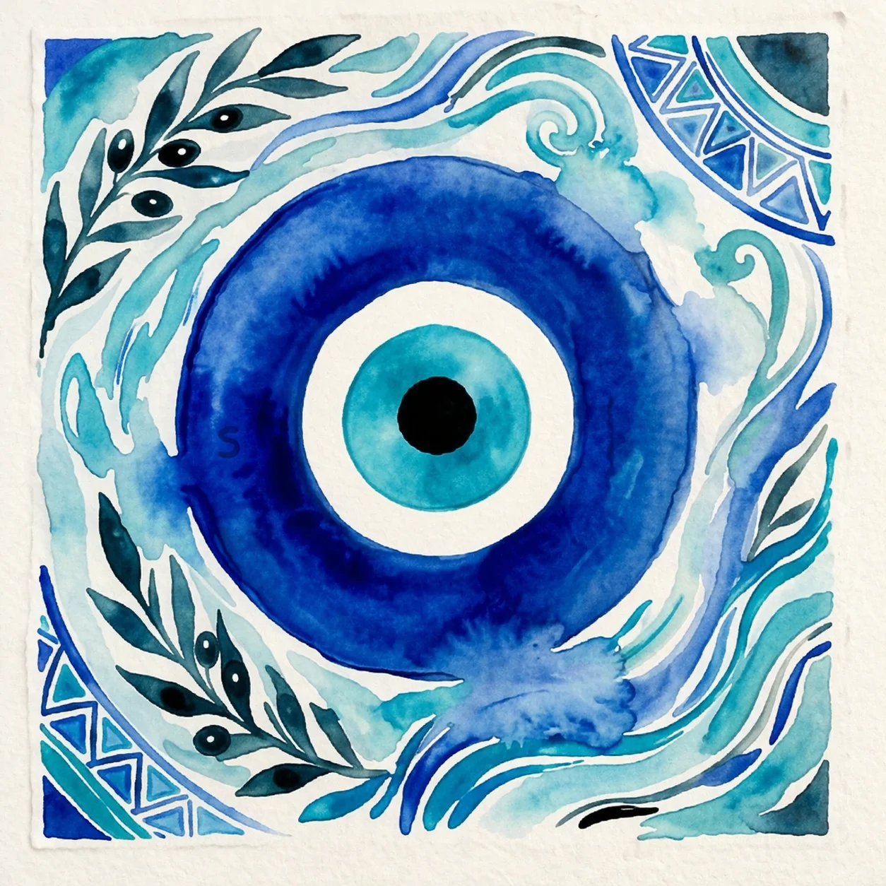Artistic blue eye design with swirling patterns and leaves