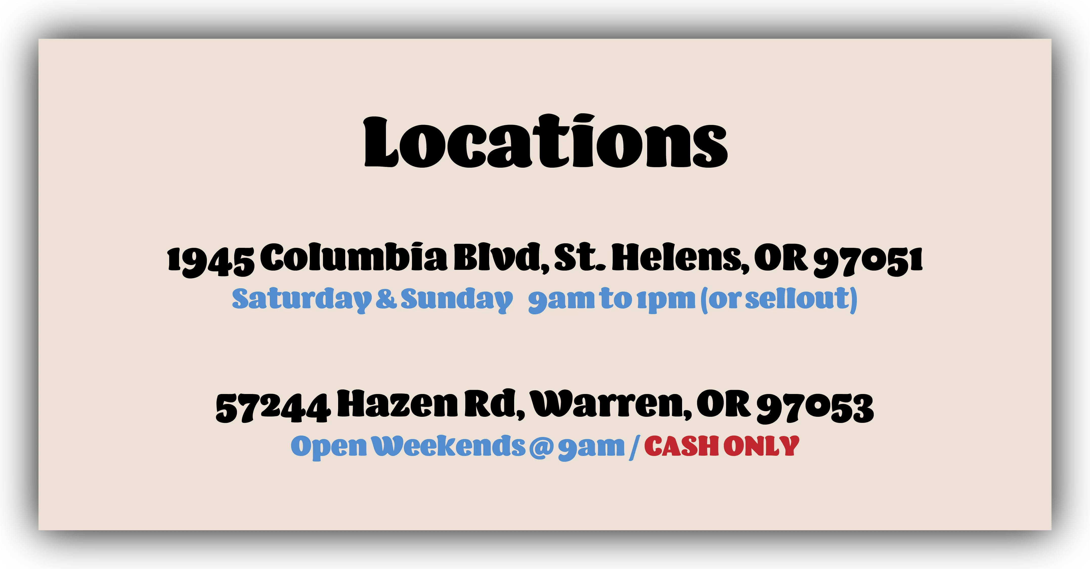 Locations for a restaurant in Warren and St Helens, Oregon
