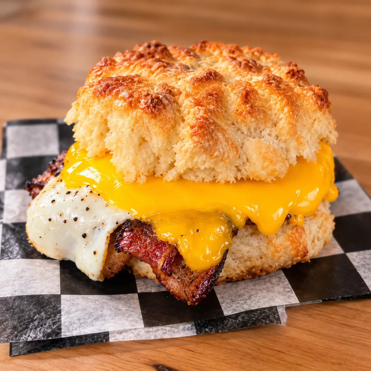 American breakfast biscuit sandwich with egg, bacon, and melted cheddar