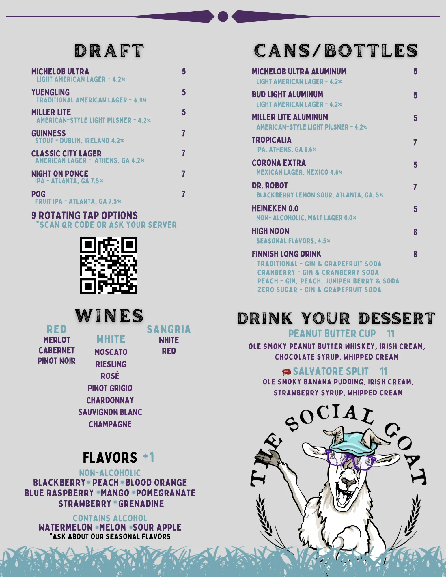 Restaurant drink menu featuring various beers, wines, and dessert options