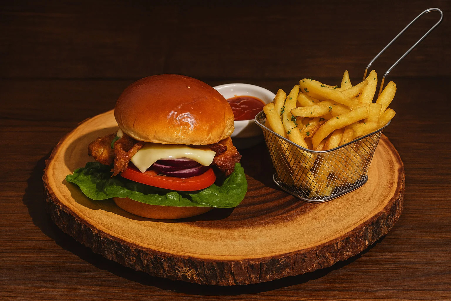Crispy chicken burger with fries on a wooden platter