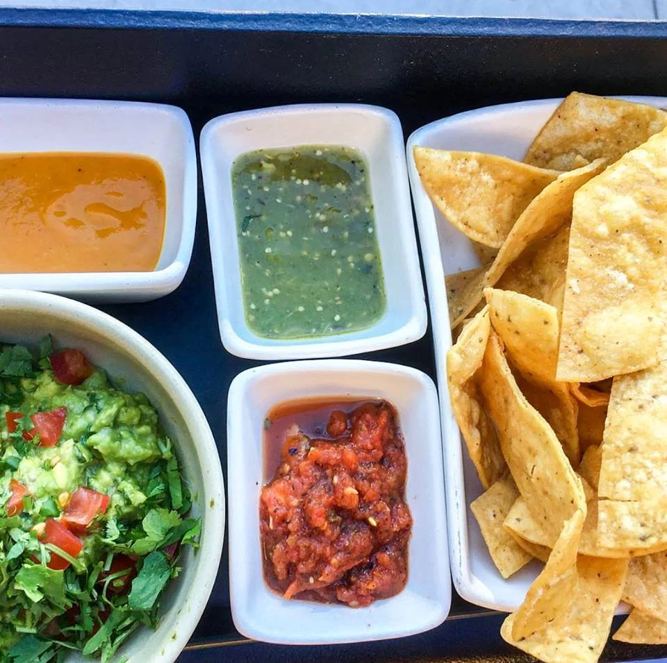 Taco trio, salsa, chips, guacamole