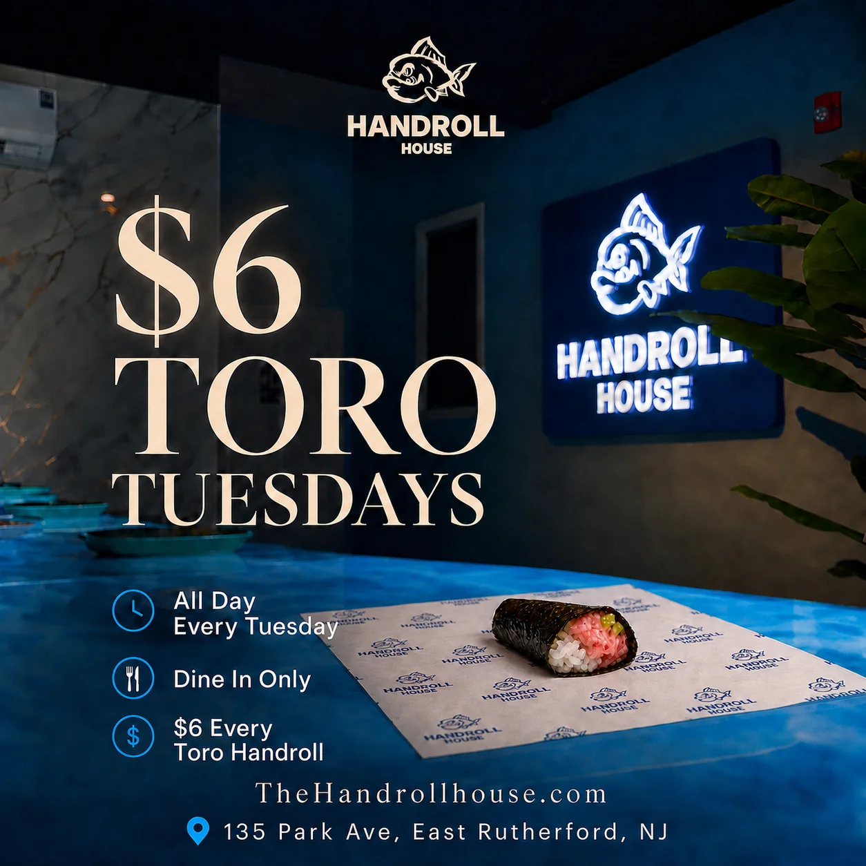 Japanese toro handroll on branded restaurant promotion