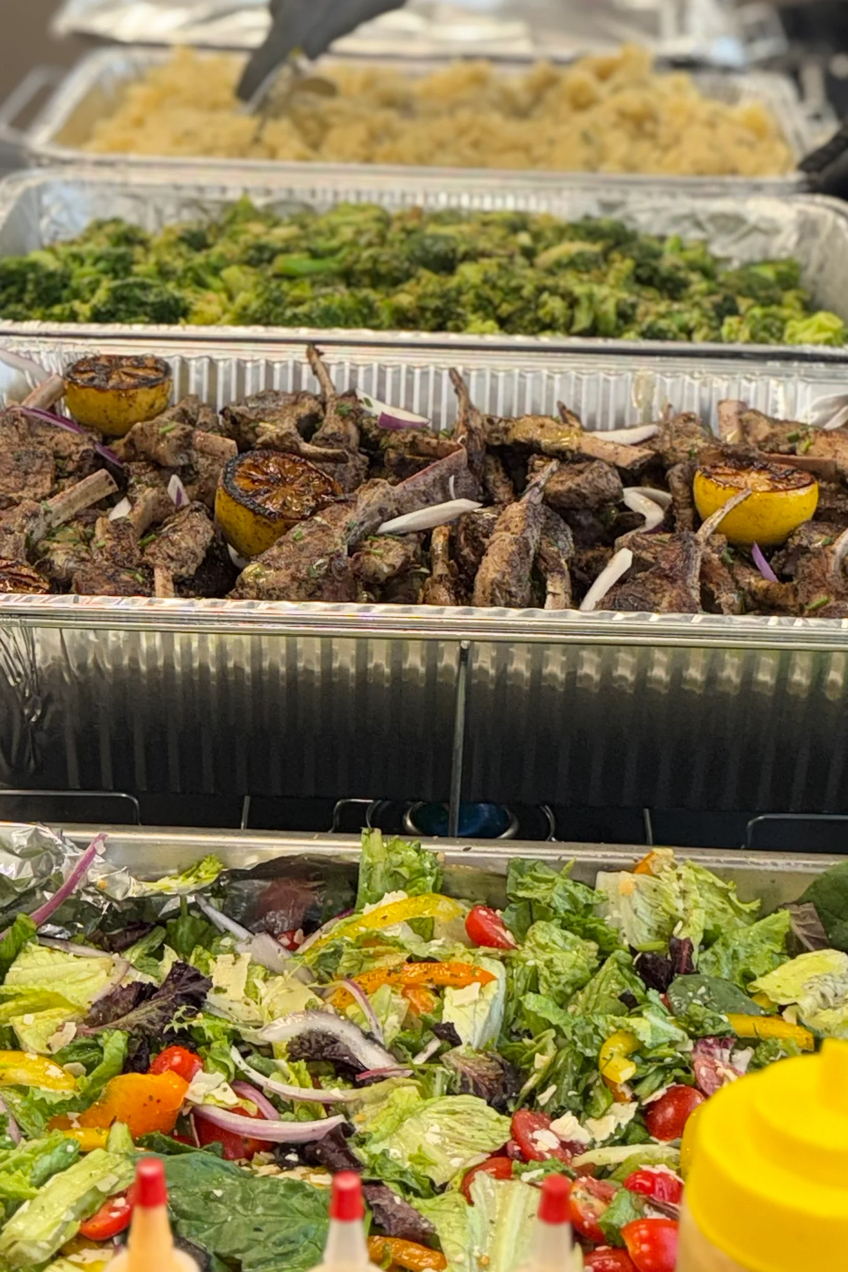 Grilled kebabs with vegetables and fresh salad
