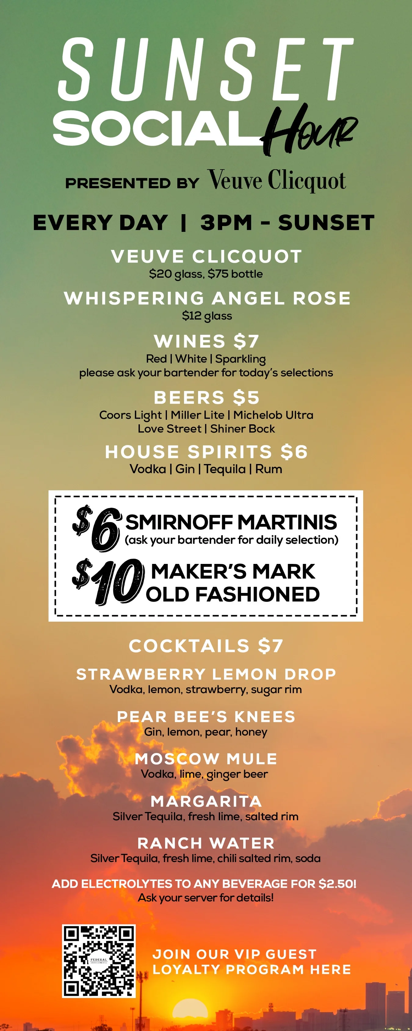Drink menu featuring various cocktails and beverages for social hour.