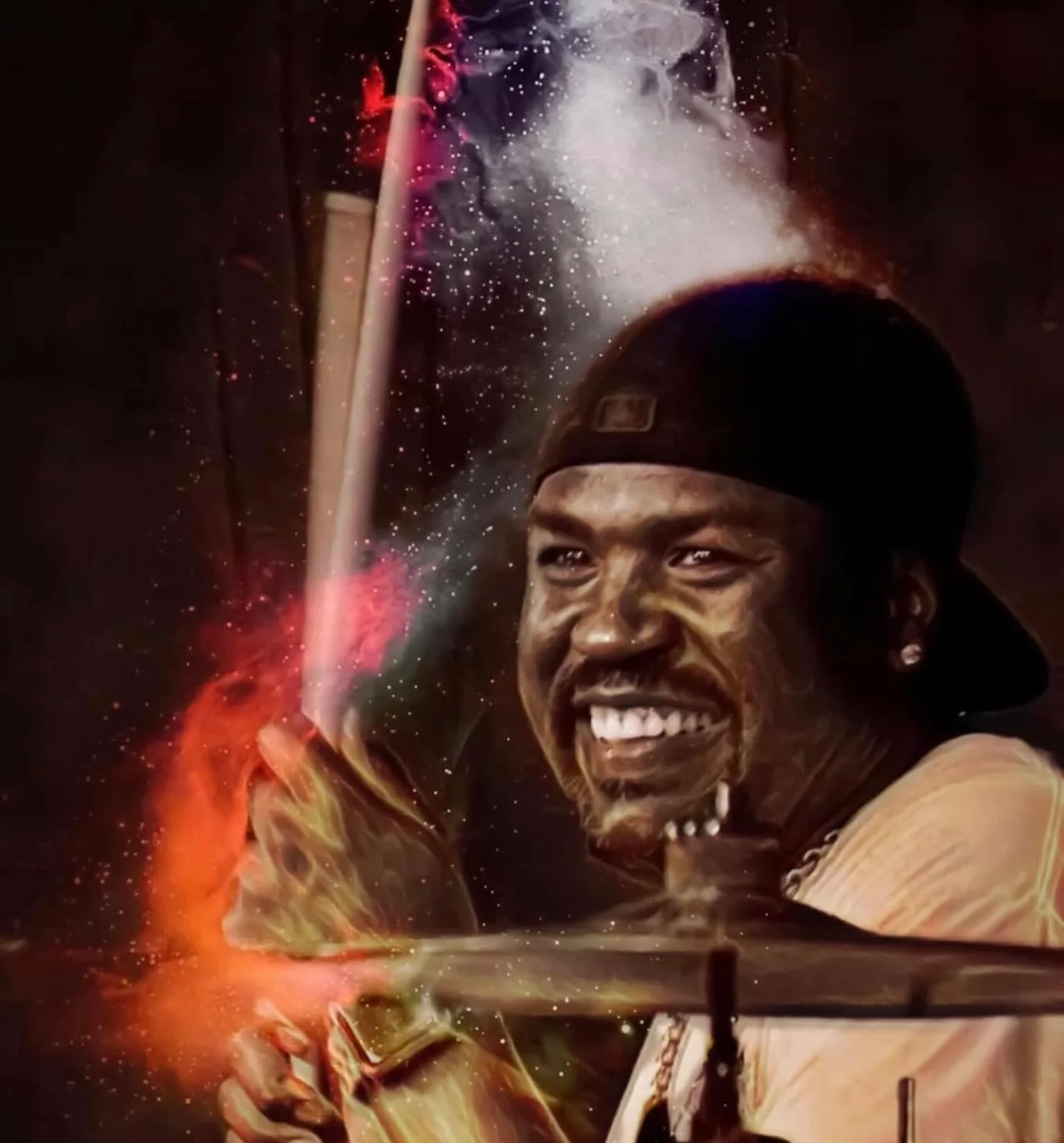 Energetic drummer performing on stage with vibrant colors
