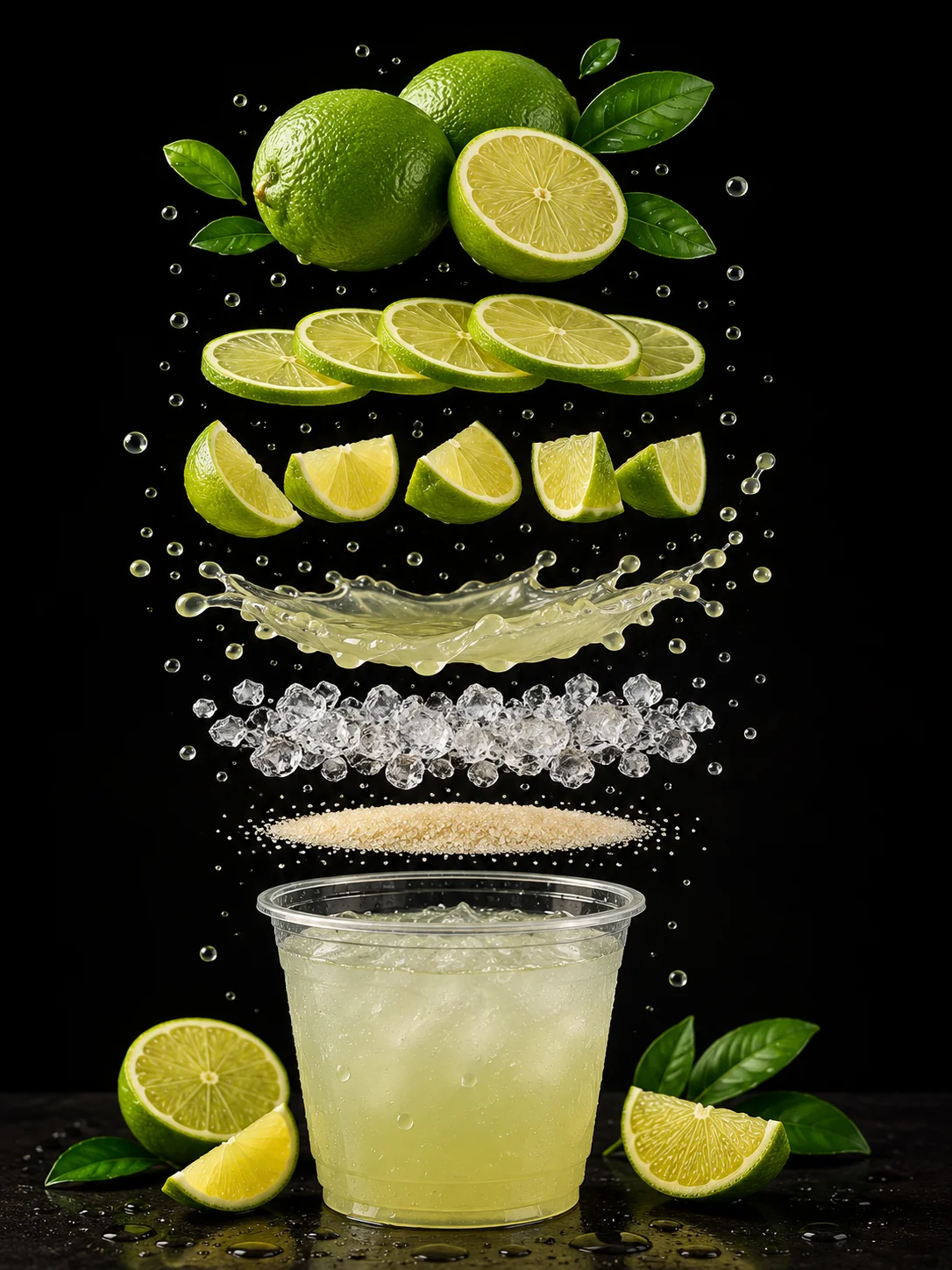 A refreshing lime drink, accentuated by floating lime slices, ice, and bubbles, with whole limes and leaves arranged around it.