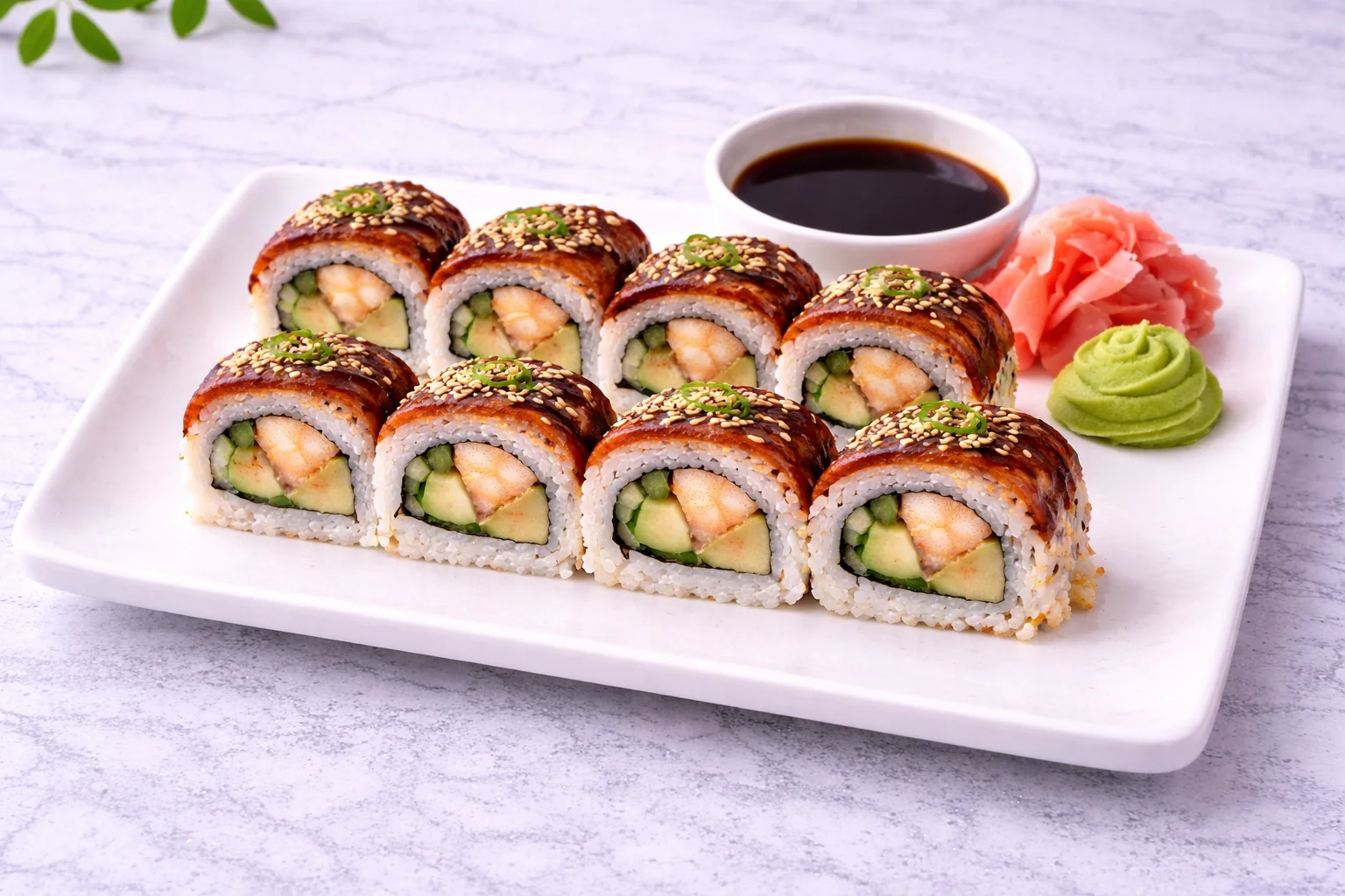 Delicious dragon roll sushi with vibrant colors and fresh ingredients.