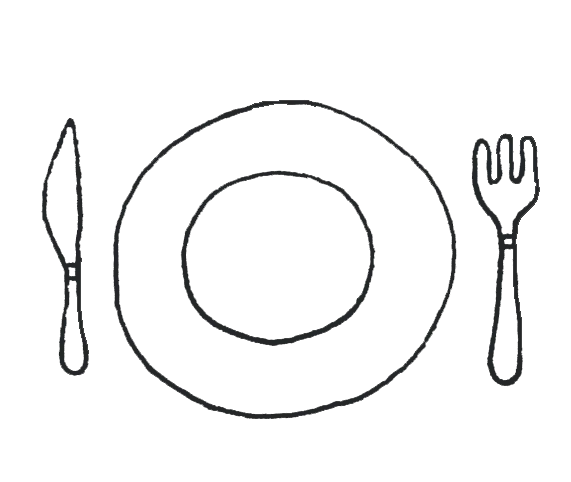 Minimalist illustration of a plate, knife, and fork
