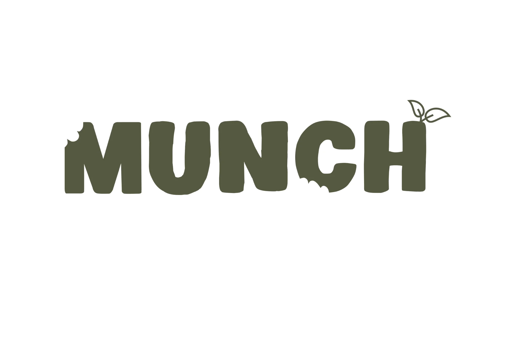 The word 'MUNCH' displayed in bold, earthy green text with playful bite marks and a small leaf element.