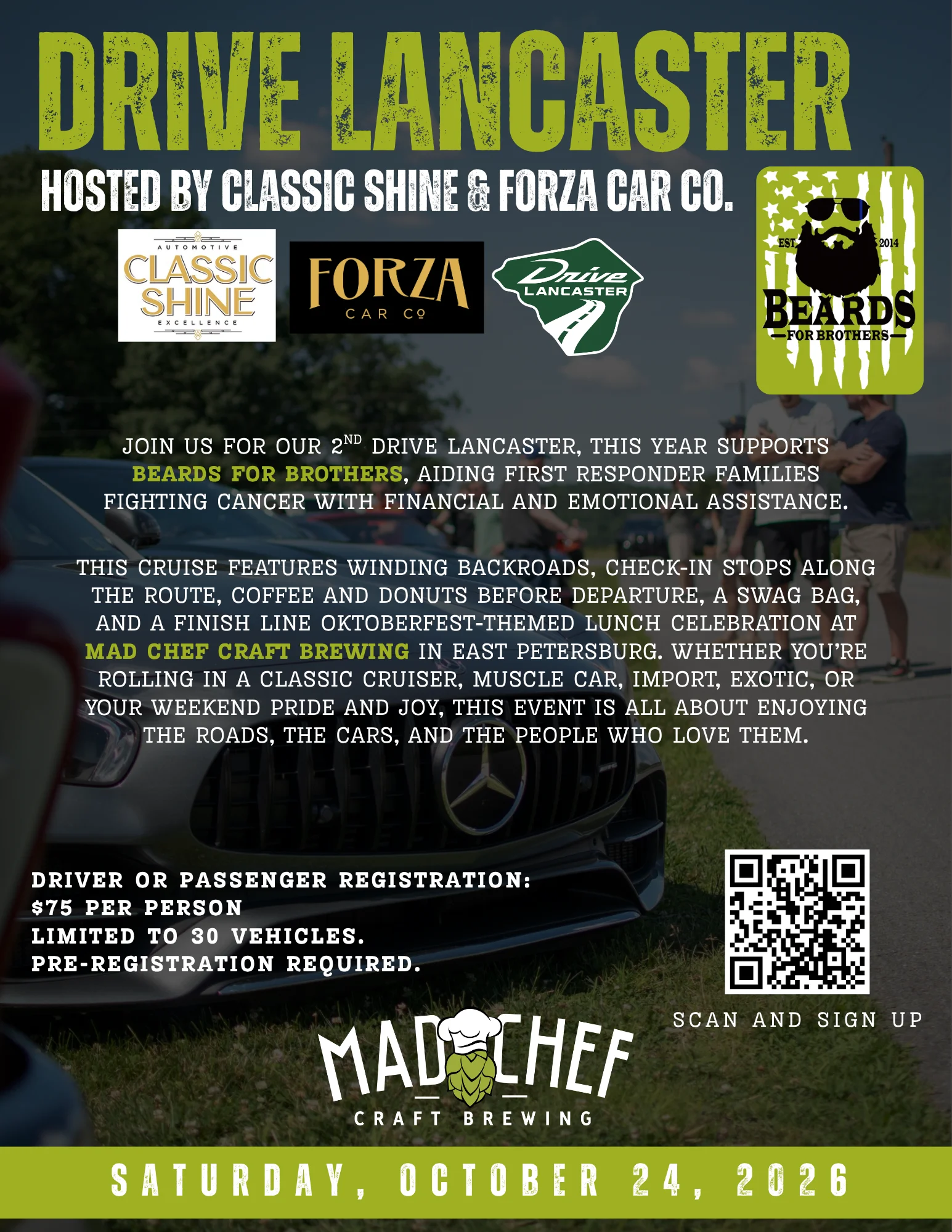 Promotional flyer for Drive Lancaster car event supporting cancer aid for first responders