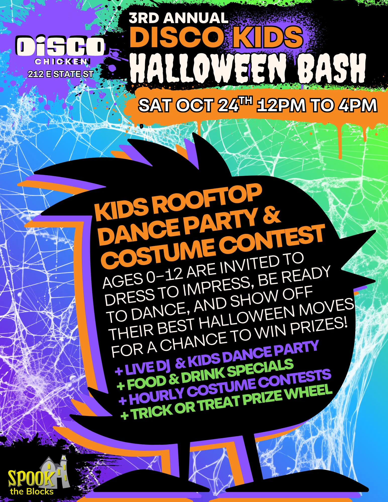 Colorful Halloween kids costume party event poster with disco theme