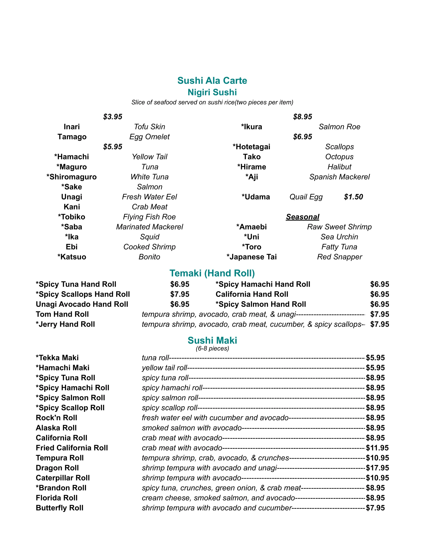 Japanese sushi menu featuring nigiri and maki rolls