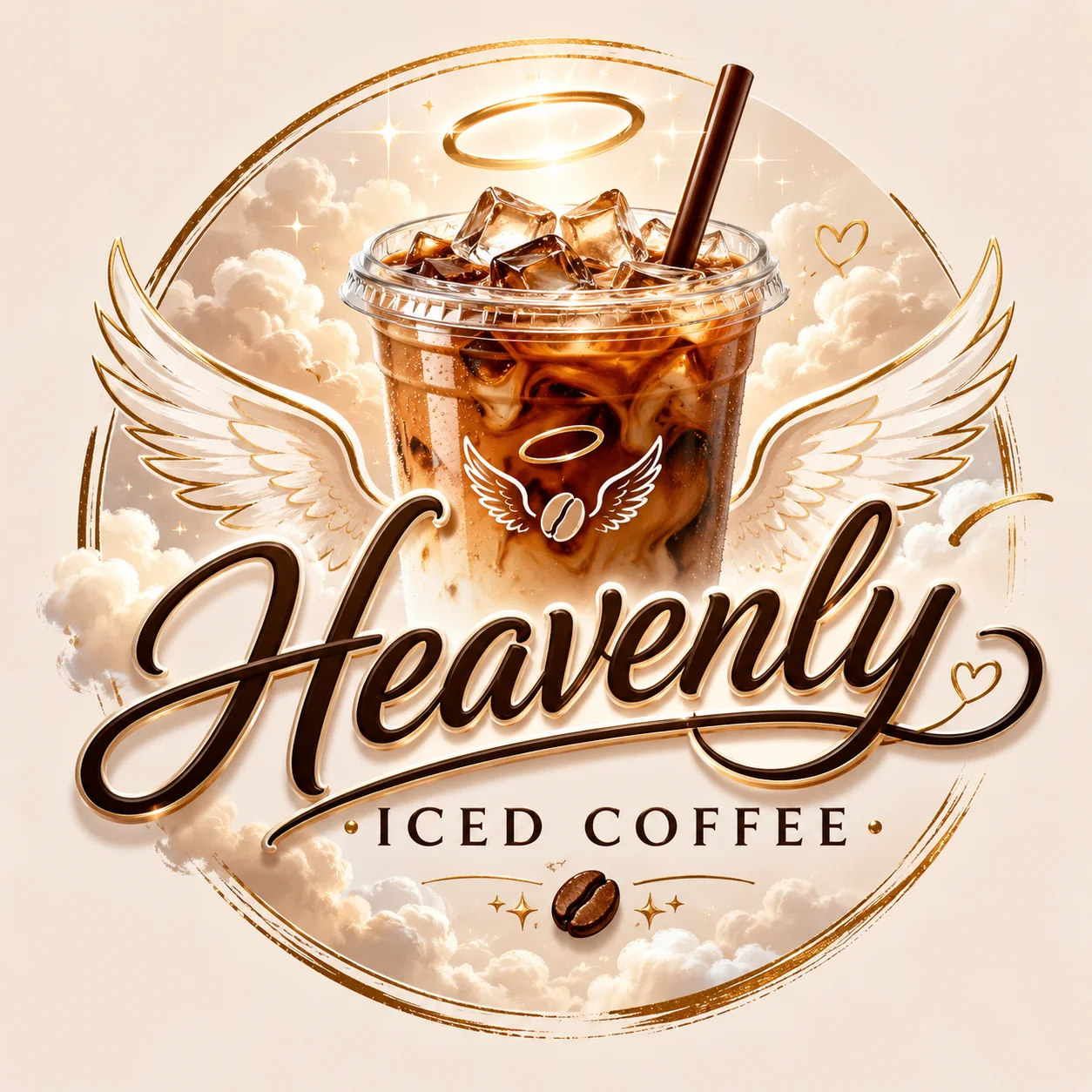 A visually appealing iced coffee beverage in a clear cup with ice, topped with illustrations of clouds and angelic wings. The design exudes a heavenly theme.