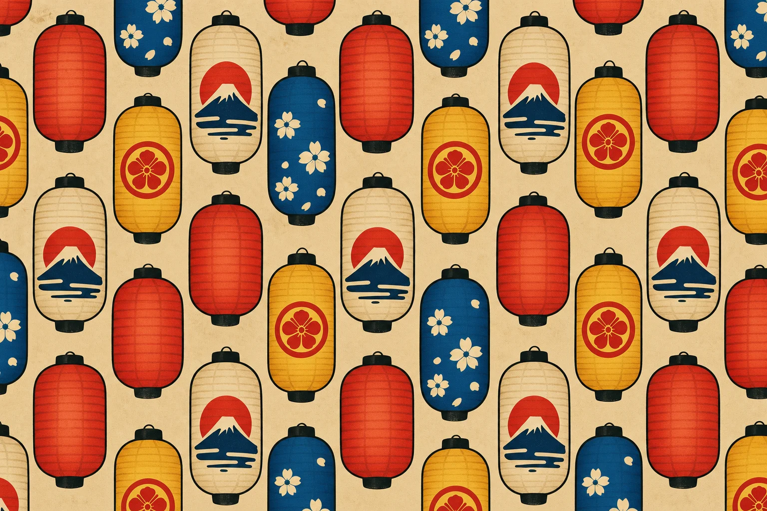 Colorful Japanese lantern pattern with floral and cultural motifs