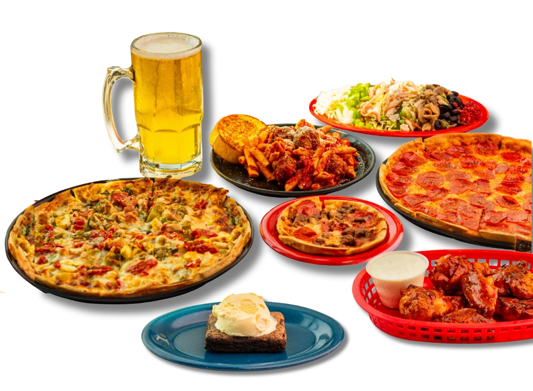 Assorted pizzas and pasta with beer in a casual dining setting