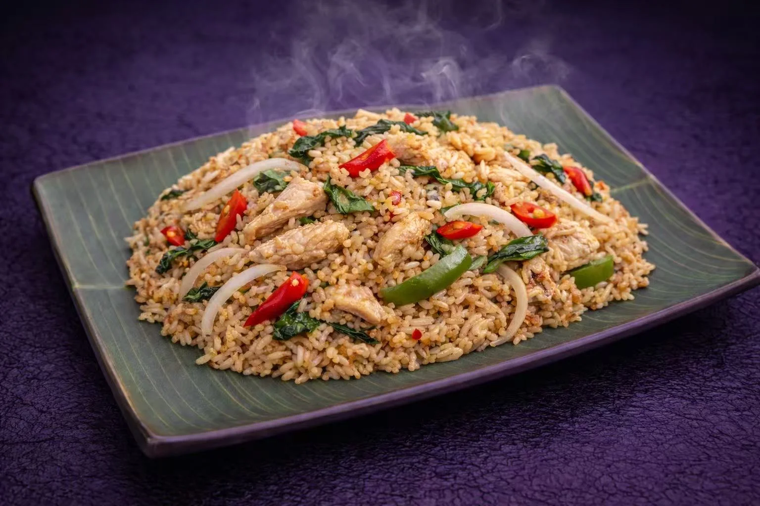 Plate of Thai fried rice with chicken and vegetables