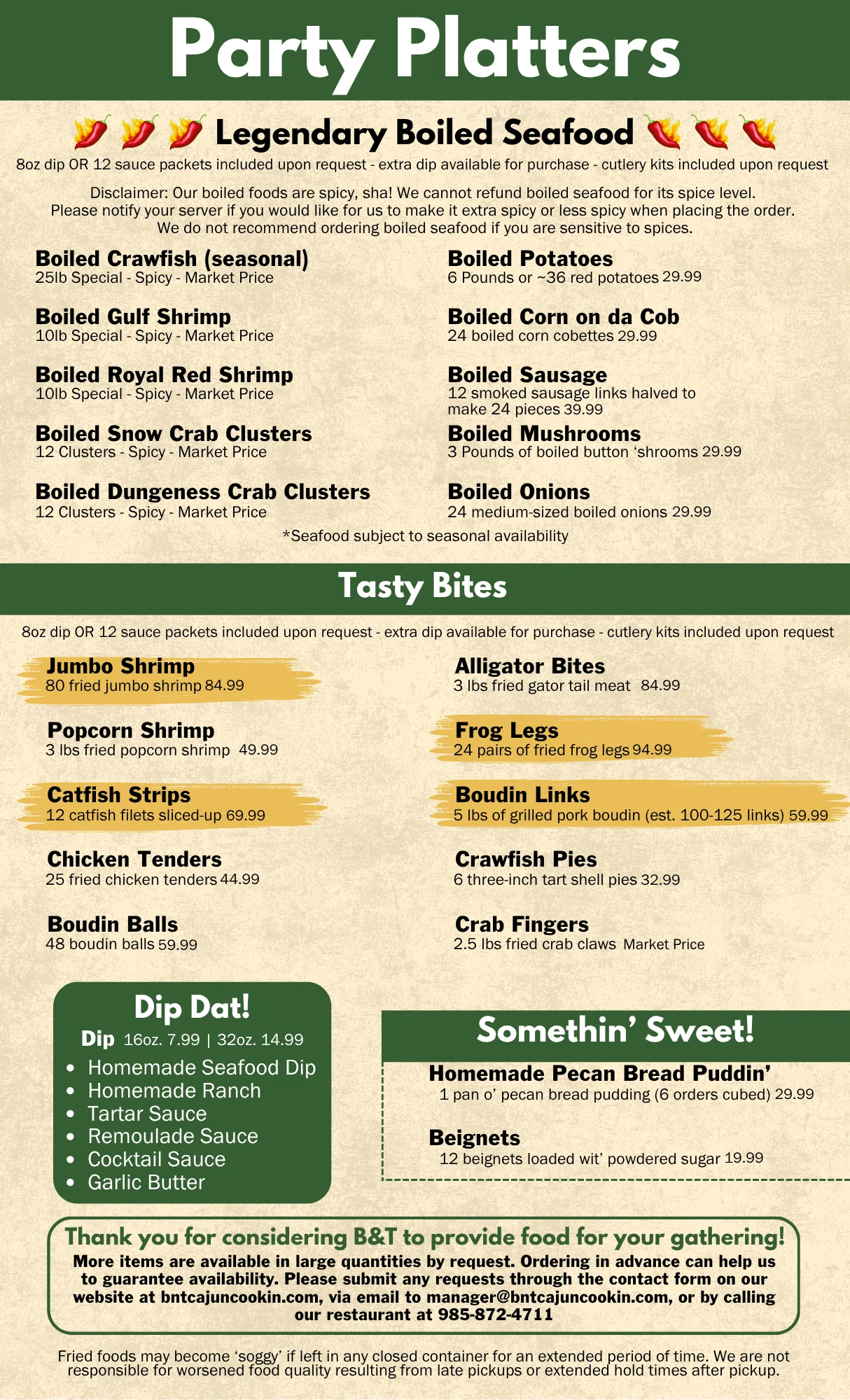 Menu featuring party platters and tasty bites from a seafood restaurant.