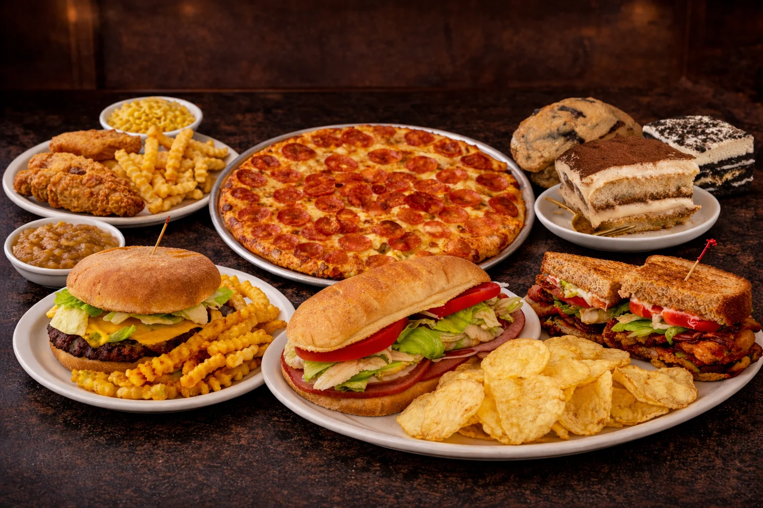 Variety of pizza entrees displayed on a wooden table.