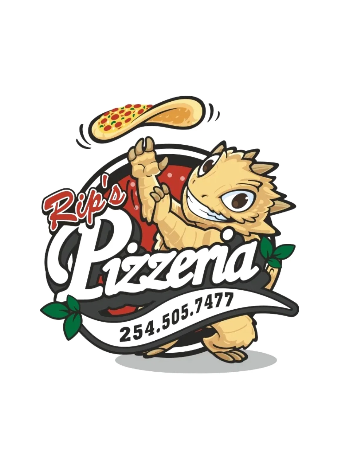 Logo of Rip's Pizzeria featuring a playful lizard character