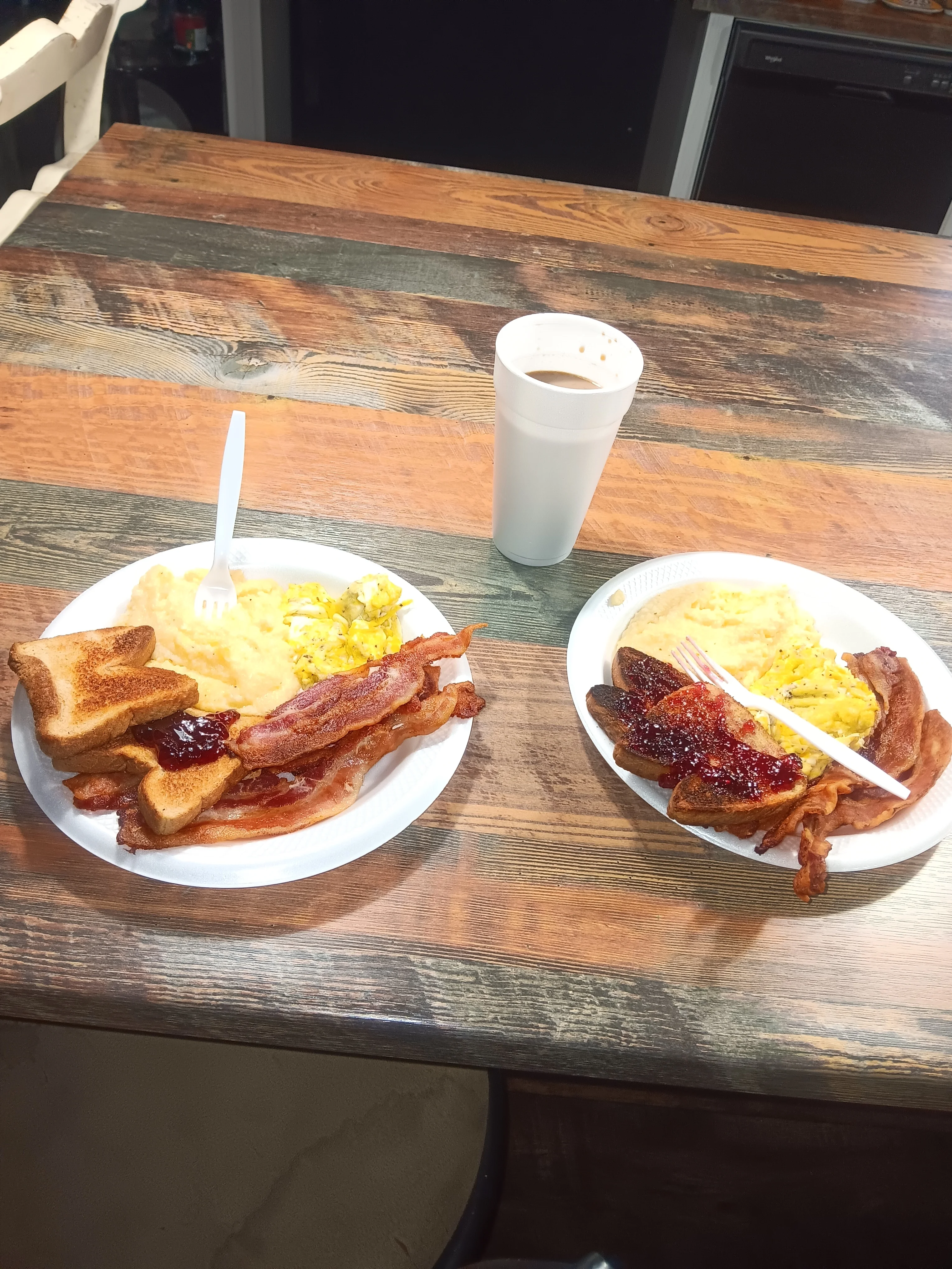 Two plates of breakfast featuring bacon, eggs, toast, and a cup of coffee served on a wooden table.