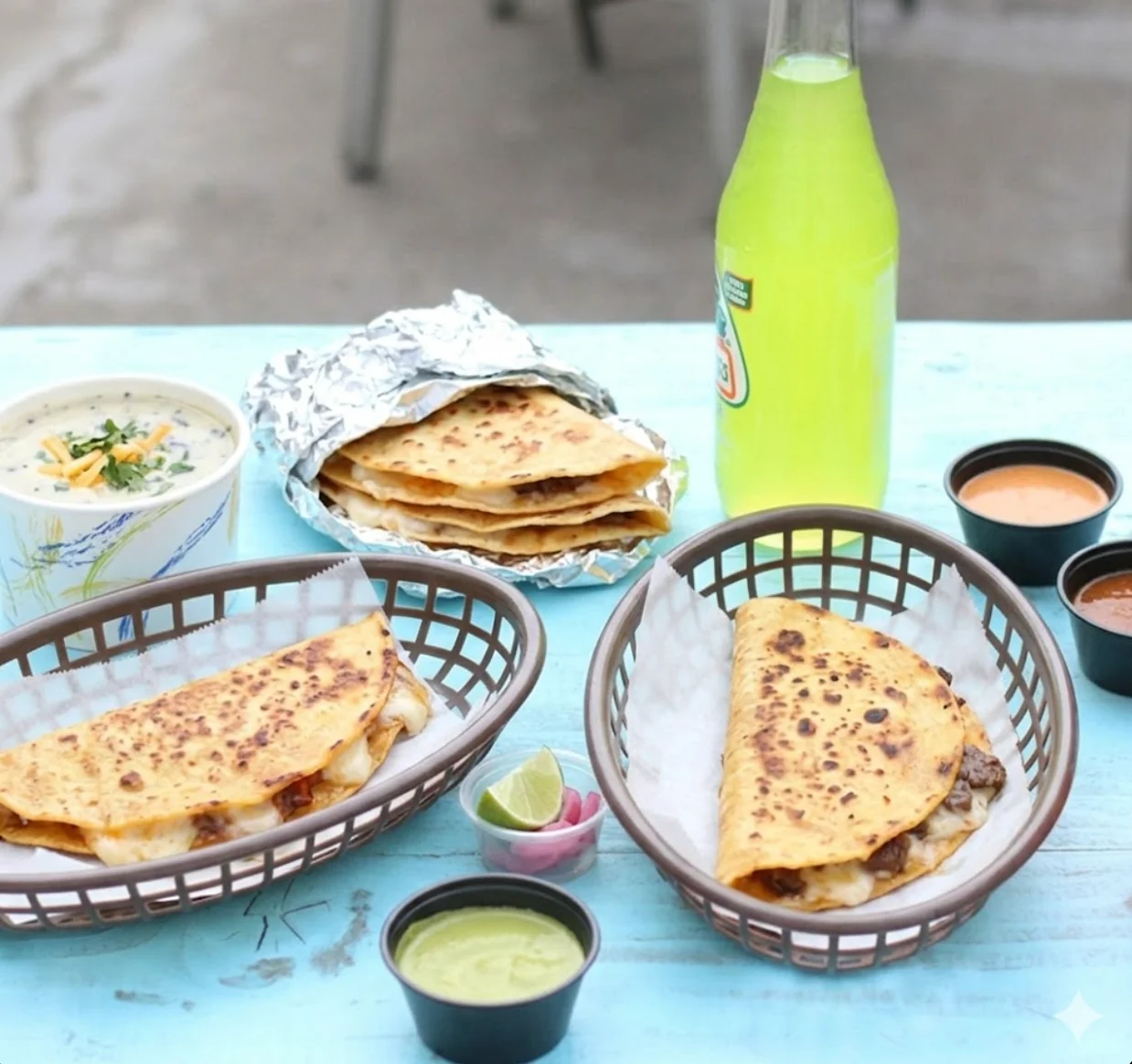 Delicious Mexican quesadillas served with salsas and a refreshing drink