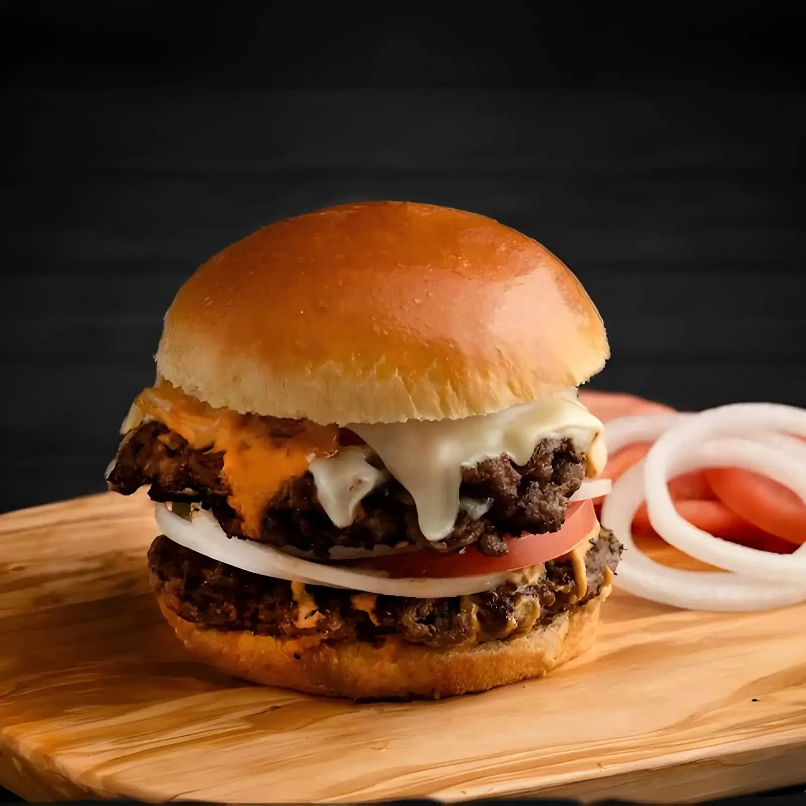 Juicy double cheeseburger with toppings