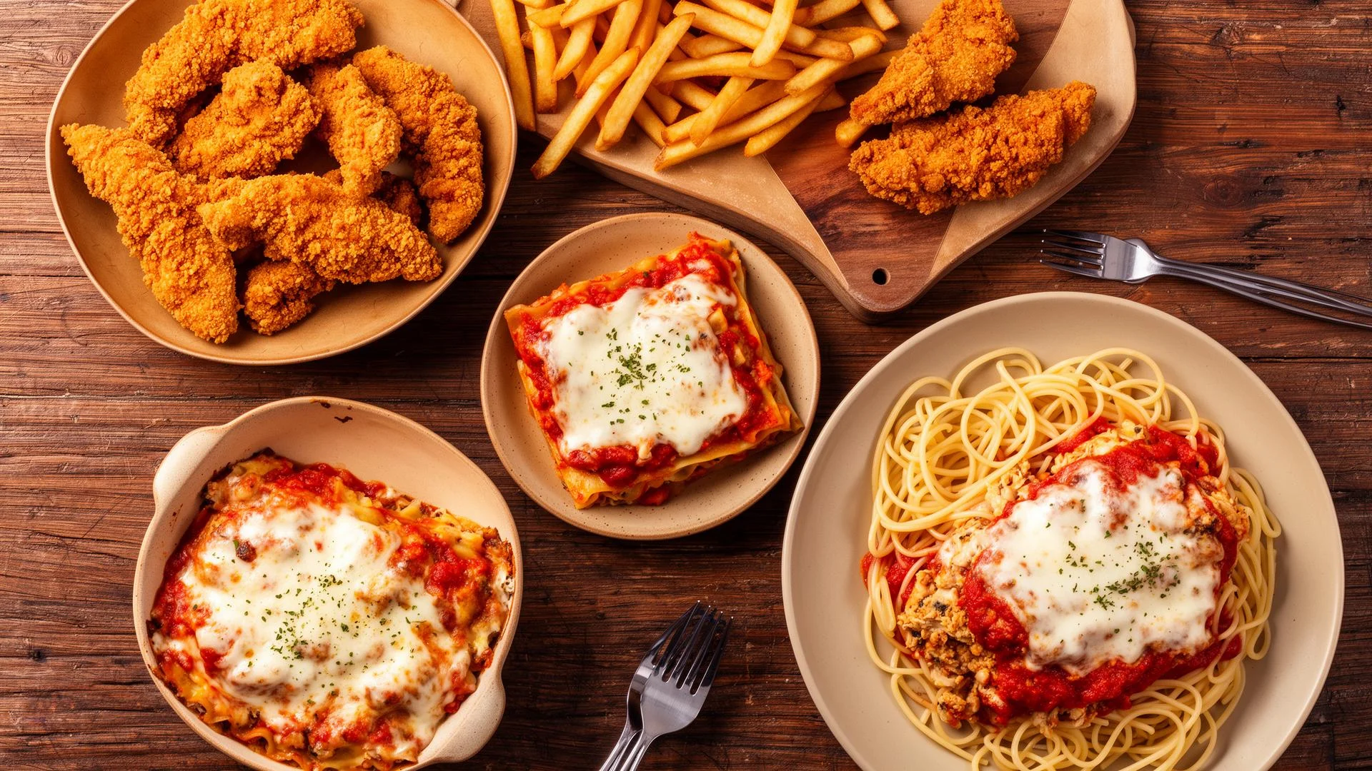 Italian lasagna with spaghetti and fried chicken