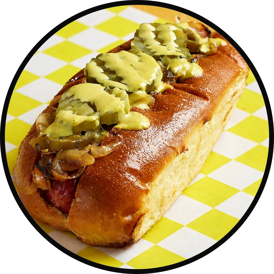 Delicious Chicago-style hot dog with pickles and mustard