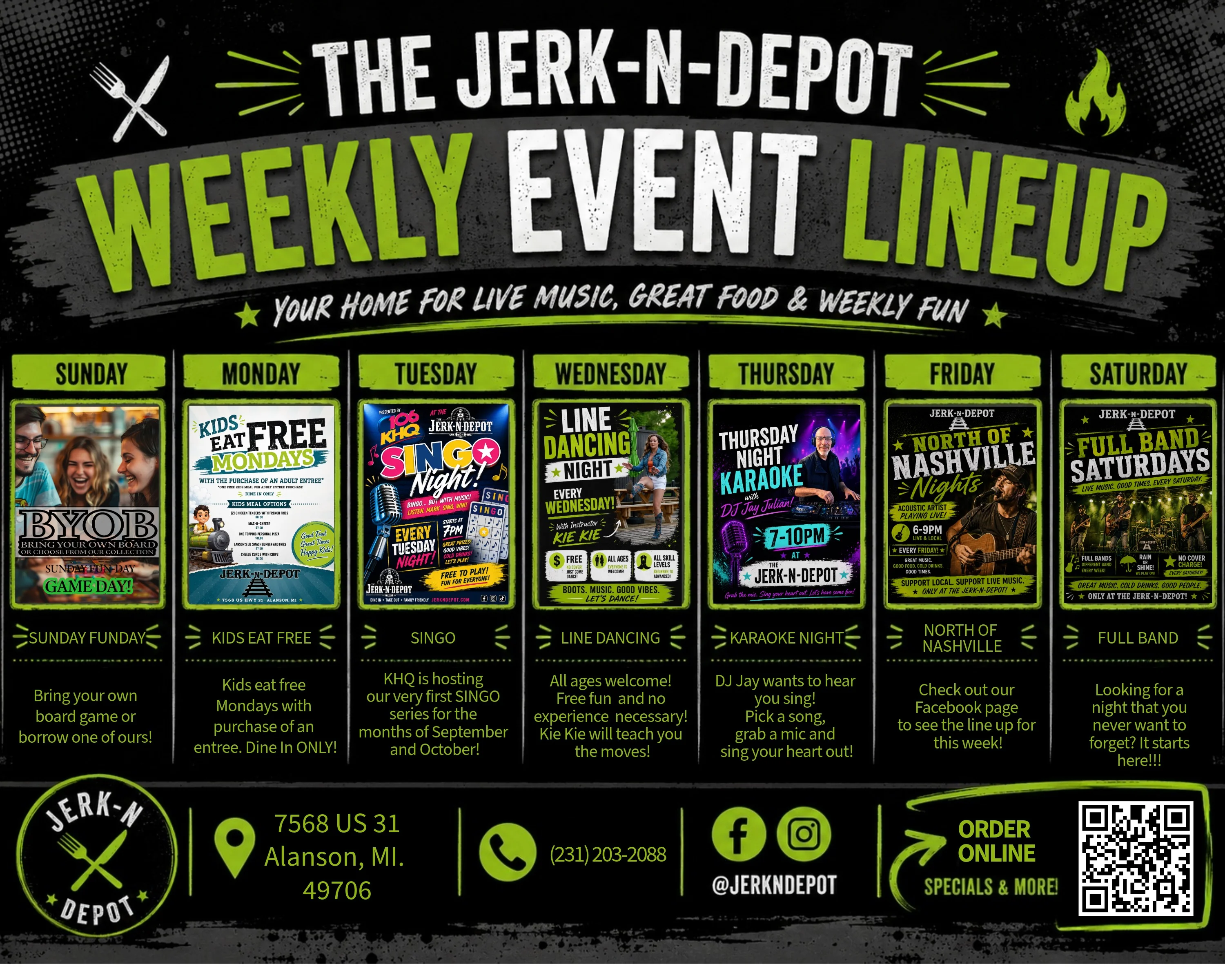 Weekly event lineup at Jerk-N-Depot restaurant in Alanson, MI